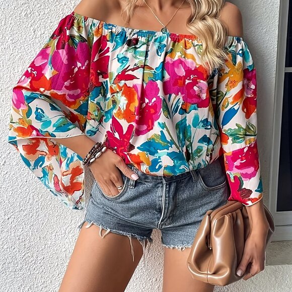 Travel Passions - Boho Chic Off-Shoulder Blouse - Breezy Floral Design - Picture 9 of 10